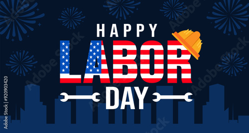 USA Happy Labor Day celebration background or banner design template with American flag. Labour day Safety hard hat and Construction tools background. use to card, poster, placard, card template.