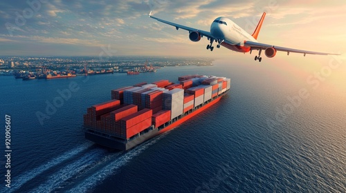 A cargo ship sailing in the ocean with a plane flying overhead, symbolizing global transportation and trade.