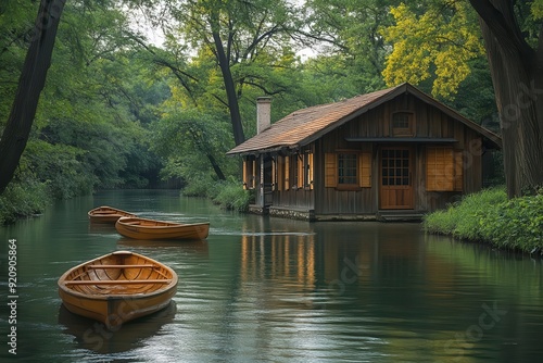 rustic wooden boathouse nestled on a tranquil riverbank surrounded by lush foliage weathered rowboats bob gently in the water inviting peaceful exploration of nature