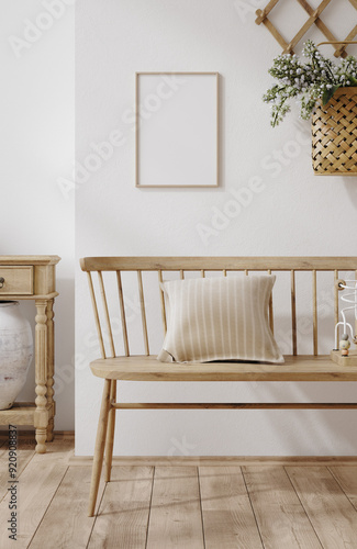 Mockup frame in farmhouse living room interior, 3d render