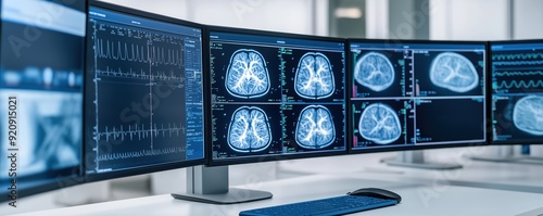 A radiology workstation with multiple screens displaying various imaging modalities, representing the complexity of medical diagnostics