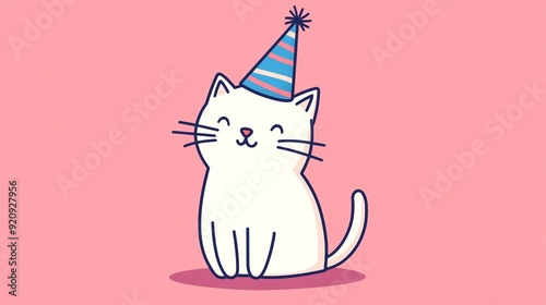 happy white cat with birthday hat illustration