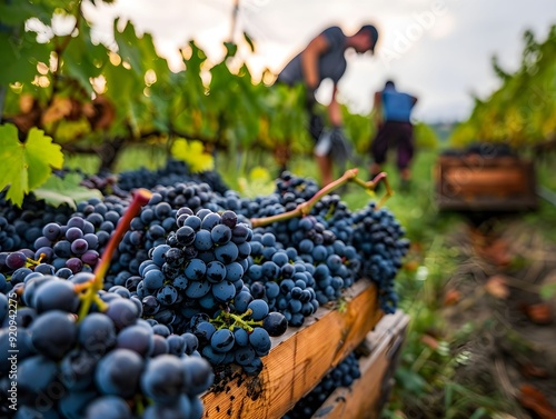 Vineyard workers harvest ripe grapes during sunset in a lush vineyard