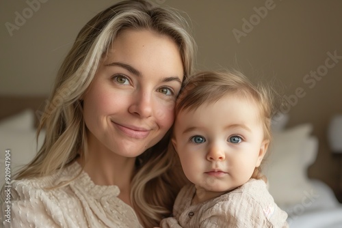 A smiling mother holds her curious baby, radiating warmth and love in a soft, inviting space.