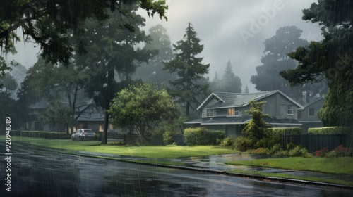 A suburban house stands in a quiet, rainy neighborhood, shrouded in mist. The driveway is wet, reflecting the sky and trees.