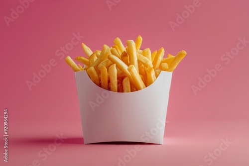 French fries in white box against pink background