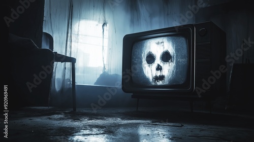 Vintage Retro Television Set With A Creepy Skull Image Displayed On The Screen In A Dimly Lit Room, Creating A Spooky Atmosphere