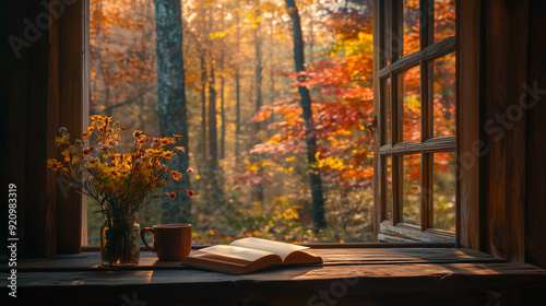 autumn forest view from a cozy cabin window