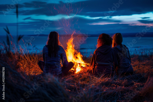 Three female tourists sitting by the fire near the camp on a blue night. Rear view of people against the backdrop of a bright bonfire