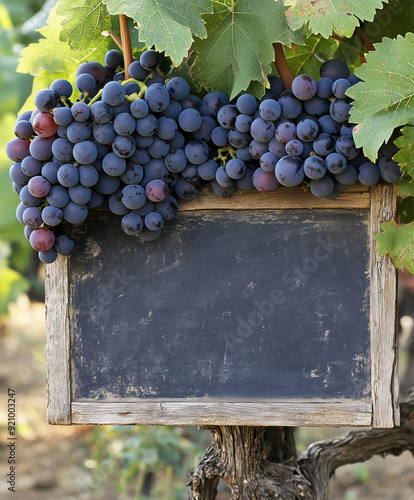 A blank sign framed by wood, grapes and vines - a custom message background for a wine tasting, winery, or farm - blackboard style copyspace or custom graphic, mountain landscape