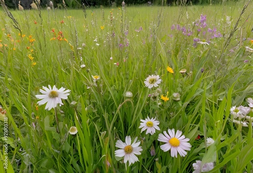 Background of wildflowers blooming abundantly across a meadow, creating a vibrant and colorful landscape. 