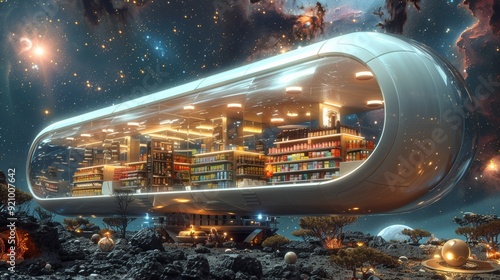 Futuristic Floating Supermarket in Cosmic Expanse with Glowing Glass Facade and Organized Shelves