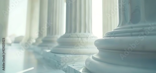 Closeup of white marble pillars in a grand building. Light streams through the columns, creating a sense of grandeur and history.