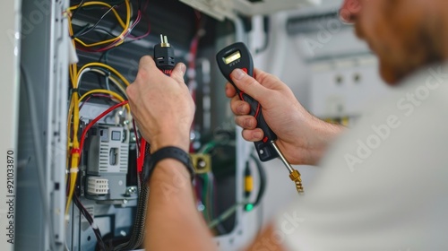 An electrician holding a screwdriver and multimeter - Caucasian electrician man wearing a white t-shirt 