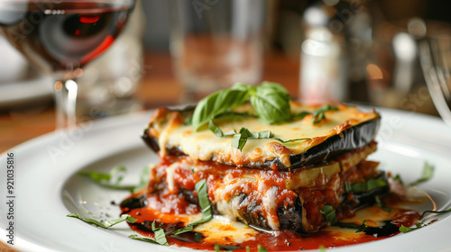 a beautifully plated eggplant Parmesan, featuring layers of crispy eggplant, marinara sauce, and melted mozzarella, garnished with fresh basil, served on a white plate with a glass of red wine nearby