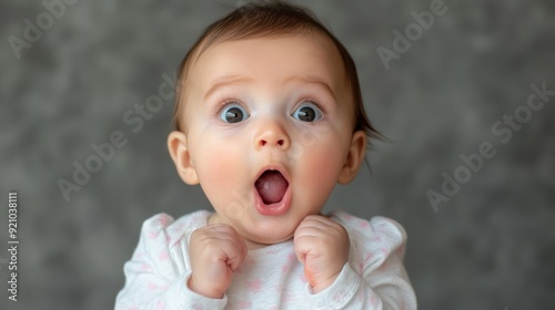 Surprised baby with wide eyes and open mouth, expressing shock or awe against a gray background.