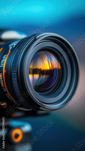 Close-up of a camera lens with stunning reflections, perfect for photography enthusiasts and equipment showcases.