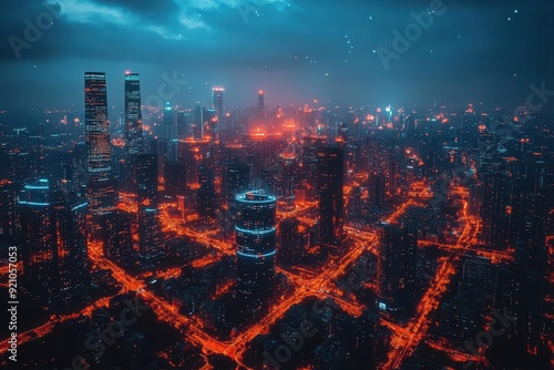 aerial view of smart city with glowing network connections linking buildings vehicles and people futuristic urban landscape with data visualization overlay