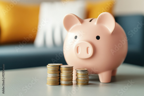 Piggy bank with stacked coins, symbolizing saving and financial planning, set in a cozy indoor living area with soft furnishings in the background.