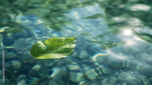 A single green leaf floating on the surface of clear water