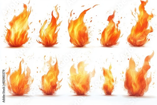 dynamic collection of realistic fire flames in various sizes and intensities ranging from smoldering embers to roaring infernos isolated on pure white background