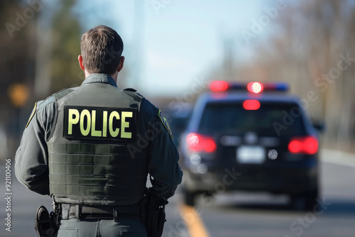 Police Officer in Tactical Gear on Duty Near Patrol Car