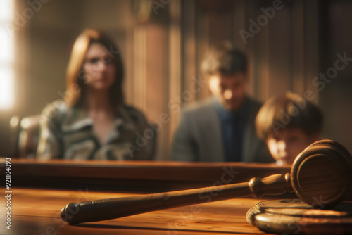 A solemn family, slightly out of focus, watches as the courtroom proceedings unfold, with the judge's gavel prominently in the foreground.