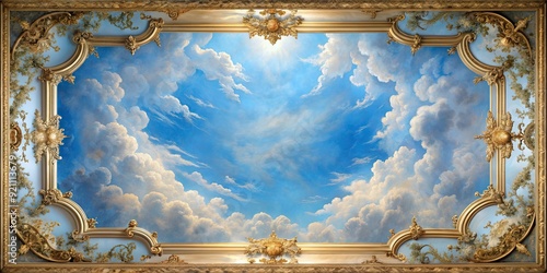 Heavenly ceiling mural featuring a blue sky with a baroque frame , sky, ceiling, mural, heavenly, blue, baroque