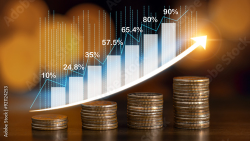 Stack of coin with graph finance, Value of money and investment for success and wealth analysis with rising graph financial