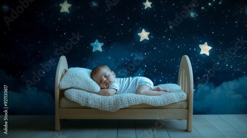 Peaceful Baby Sleeping Under Starry Night Sky in Wooden Crib