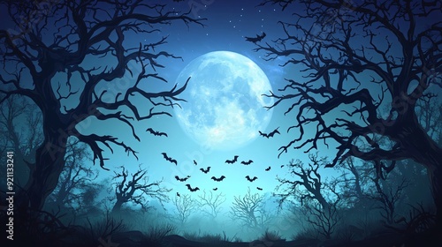 Spooky Halloween background with a full moon casting eerie light over a haunted forest, with silhouettes of gnarled trees and flying bats