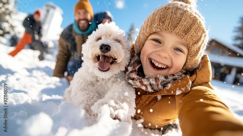 A cheerful child and a playful dog delighting in the snowy outdoors, capturing the joy and excitement of winter, companionship, and the carefree spirit of both children and animals.