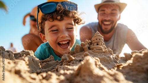 A family enjoys their sunny beach vacation by building a sandcastle together, radiating happiness, laughter, and creating lasting memories filled with joy and warmth.