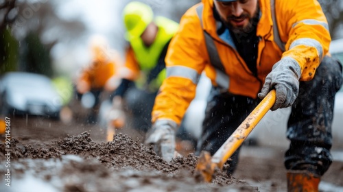 A construction worker is shoveling in muddy conditions at a worksite, showcasing determination and effort amidst challenging weather, under safety precautions.