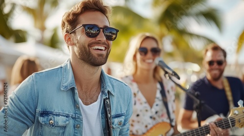 A talented musician performs with enthusiasm under the sunny skies at a lively outdoor beach party, representing joy, relaxation, and the vibrancy of summer gatherings.