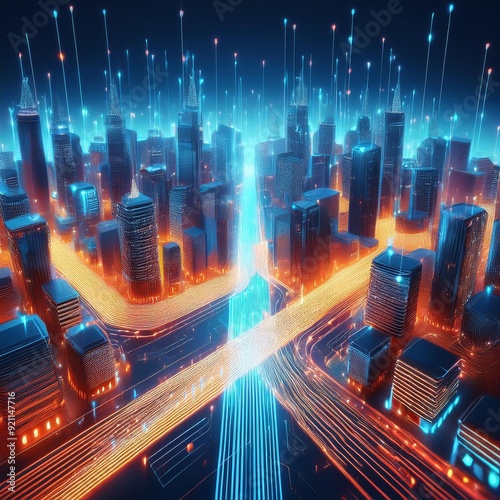 Digital twin of a city, symbolizing urban planning and management through simulation neon