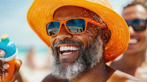 A man wearing an orange hat and sunglasses is enjoying a sunny day at the beach, holding a drink and basking in the warmth and relaxation of the pleasant weather.