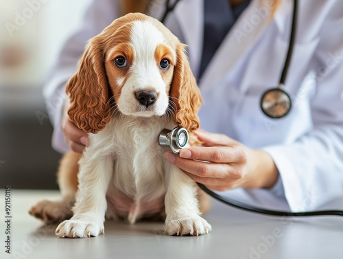 A dedicated veterinarian is caring for a playful puppy, ensuring its health with expert services. Using a stethoscope to check vital signs contributes to dogs welfare in their formative years