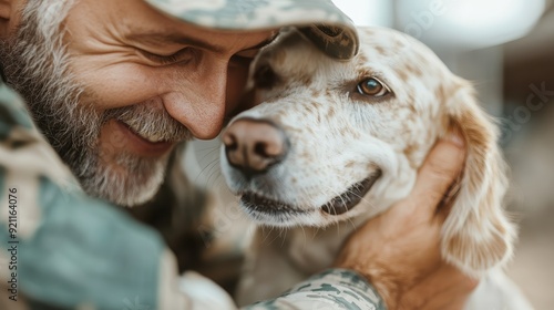 A heartfelt moment captured as a soldier, dressed in army uniform, caresses a smiling dog. This picture radiates happiness, loyalty, and the special connection between them.