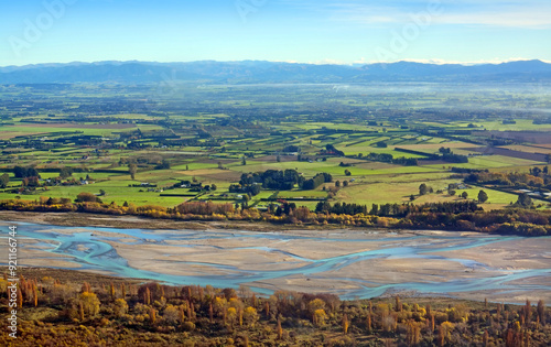 Canterbury Plains & Waimakariri River Aerial Autumn morning, New Zealand