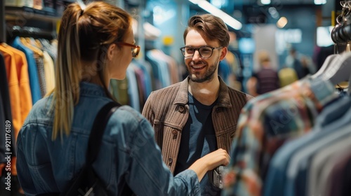 Retail associate assisting a customer with clothing choices, apparel, customer service