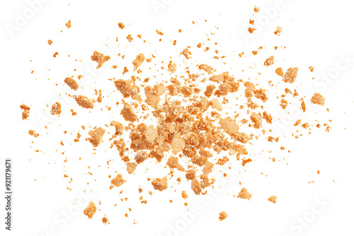 Pile cake crumbs, cookie pieces flying isolated on white on transparent background