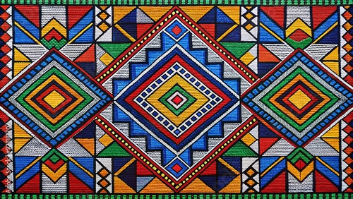 Colorful geometric Ndebele art pattern on South African textile fabric, Ndebele, traditional, art, pattern, South African