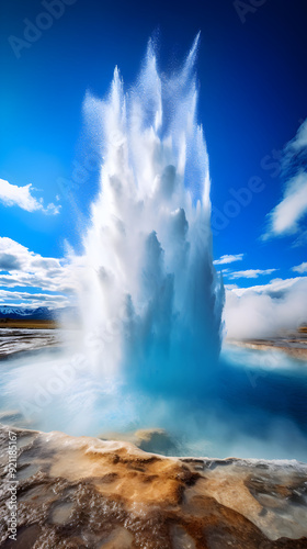 The Majestic Show of Power and Beauty: A Lone Geyser Erupting into the Clear Blue Sky