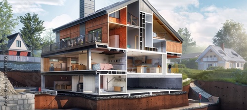 Cutaway View of House Wall with Multiple Layers of Thermal Insulation for Energy Efficiency Design