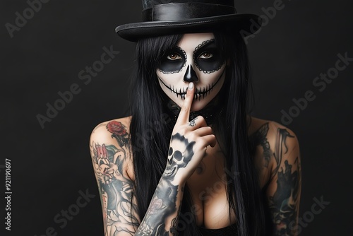 Witness the Enigmatic Charm of a Skull-faced Beauty with Tattoos and a Dark Attitude スカルフェイスとタトゥーを持ち、ダークな態度を纏った美しさの神秘的な魅力を目撃する.Generative AI 