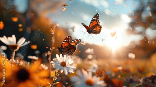 A stunning image of butterflies fluttering among the daisies in a sunlit meadow, against a backdrop of an expansive sky painted in shades of light at either dawn or dusk.