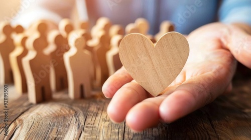 Leader with caring, empathy, respect. Positive way to lead. Wooden heart gently in a hand.