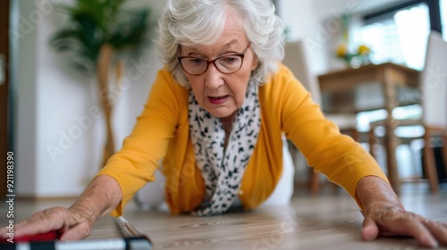 An elderly woman with white hair wears a yellow top and glasses, lying on the floor with a worried expression and reaching out, highlighting urgency and need for assistance.