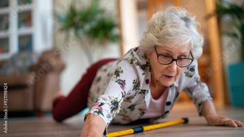 A senior woman with white hair, wearing glasses and a floral blouse, lies on the floor reaching out with a worried expression, highlighting the urgency of assistance and safety in homes.